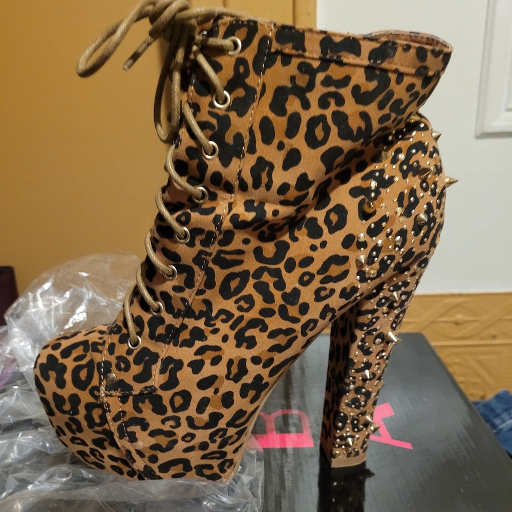 ALBA HIGH PLATFORM LACE UP BOOTIE ANIMAL PRINT WITH GOLD SPIKES WITH BOX